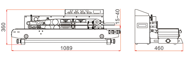 FRM-1010I front and side outline showing conveyor and sealing-head dimensions