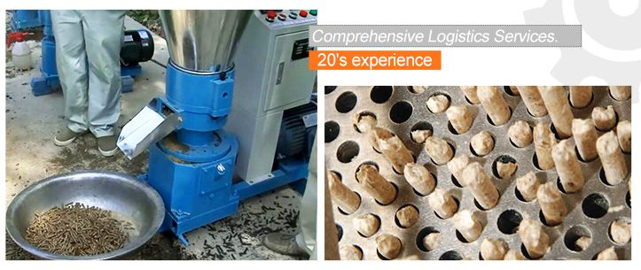 Manufacturer collage showing pellet extrusion through a flat die and pellet collection