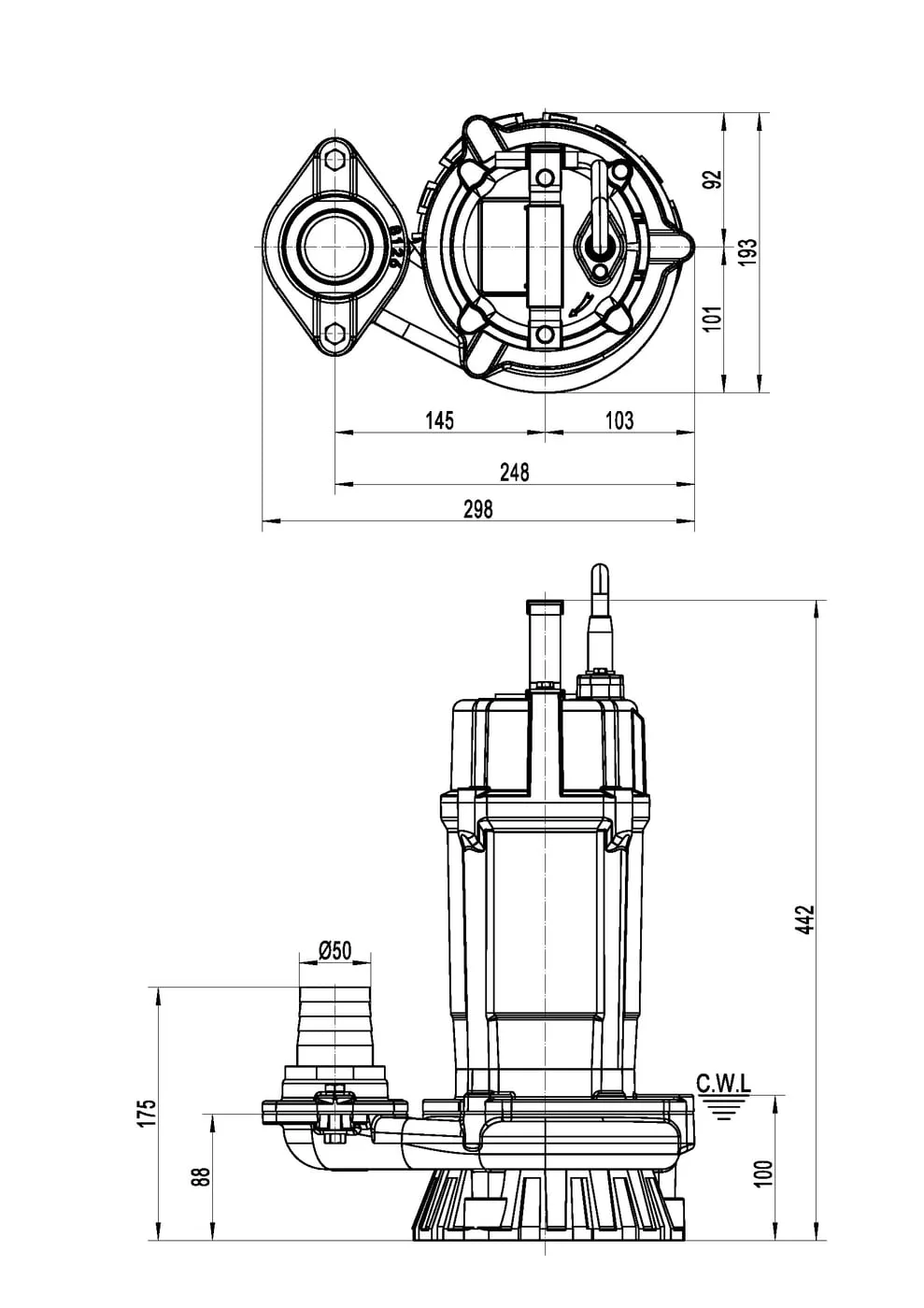 FSM21.1 manufacturer outline drawing with top and side views and 50 mm outlet