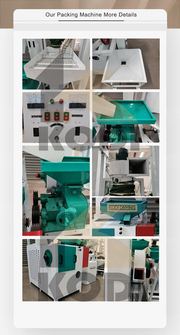 Manufacturer collage showing the rice mill hopper, electrical controls and processing units