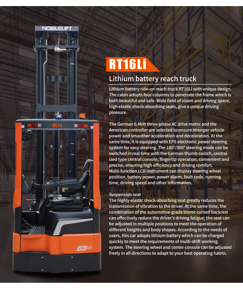 Official NOBLELIFT RT16Li product and operator-feature board. Manufacturer markings are retained; confirm the mast and supplied equipment for the order.
