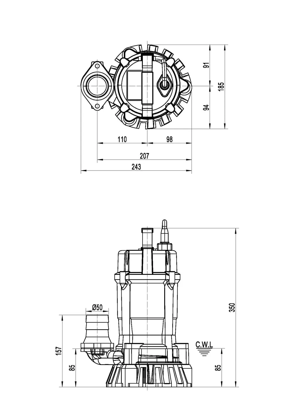 MEUDY FSM2.4 50 Hz outline drawing with 50 mm outlet and overall dimensions