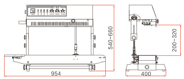 Manufacturer FRM-810 vertical sealer drawing showing front and side dimensions