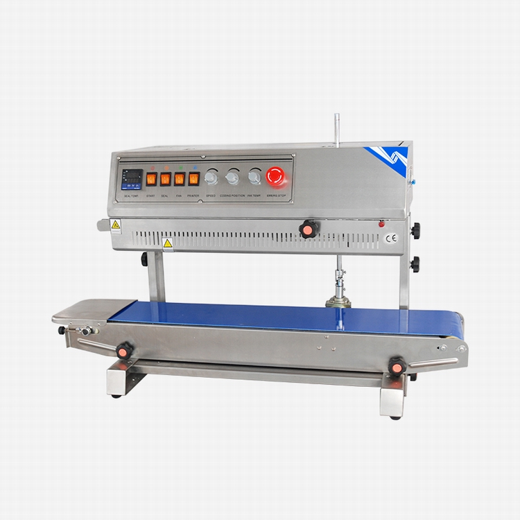 Hualian FRM-810II vertical band sealer with blue conveyor and front controls