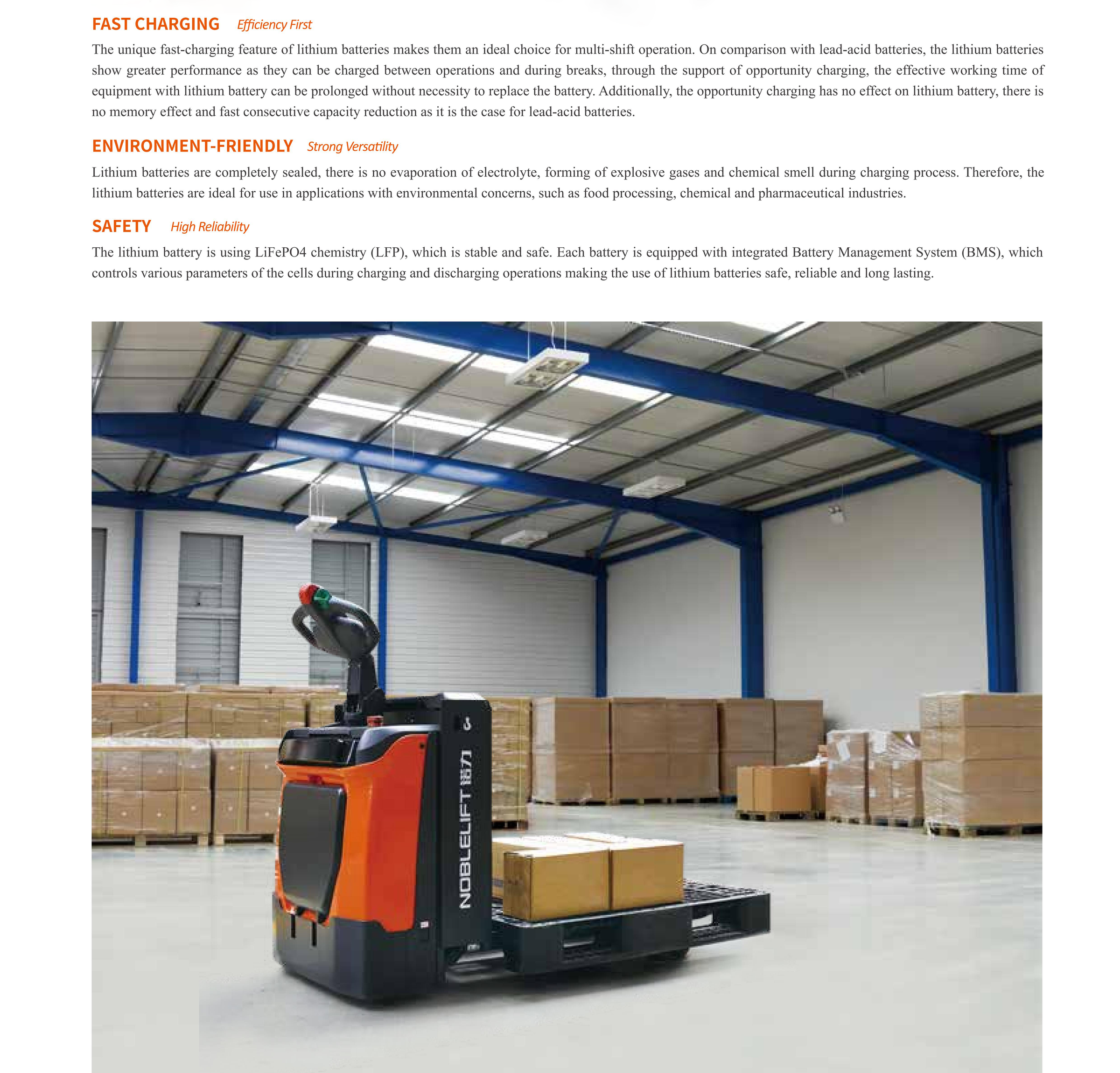 NOBLELIFT PT20Li lithium-battery feature board and loaded-pallet illustration.