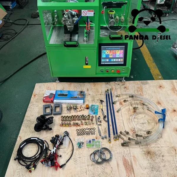 Panda Diesel test bench with a laid-out selection of adapters, cables and fittings