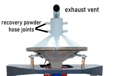 Manufacturer recovery-hose and exhaust-vent detail; confirm the actual booth connections.