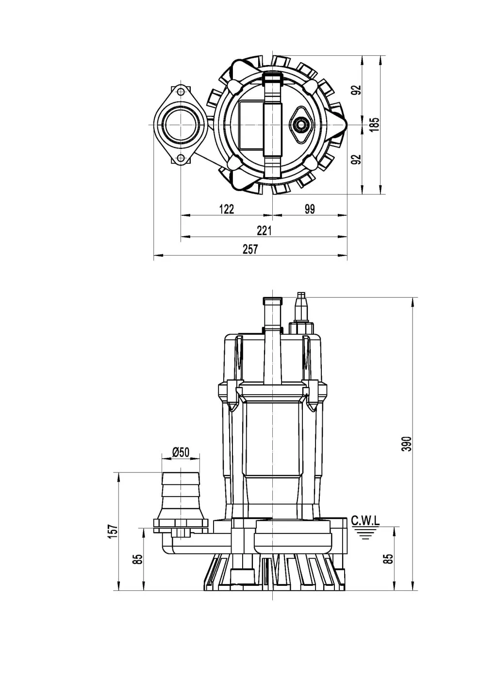 FSM2.75 manufacturer drawing with top and side views and 50 mm outlet