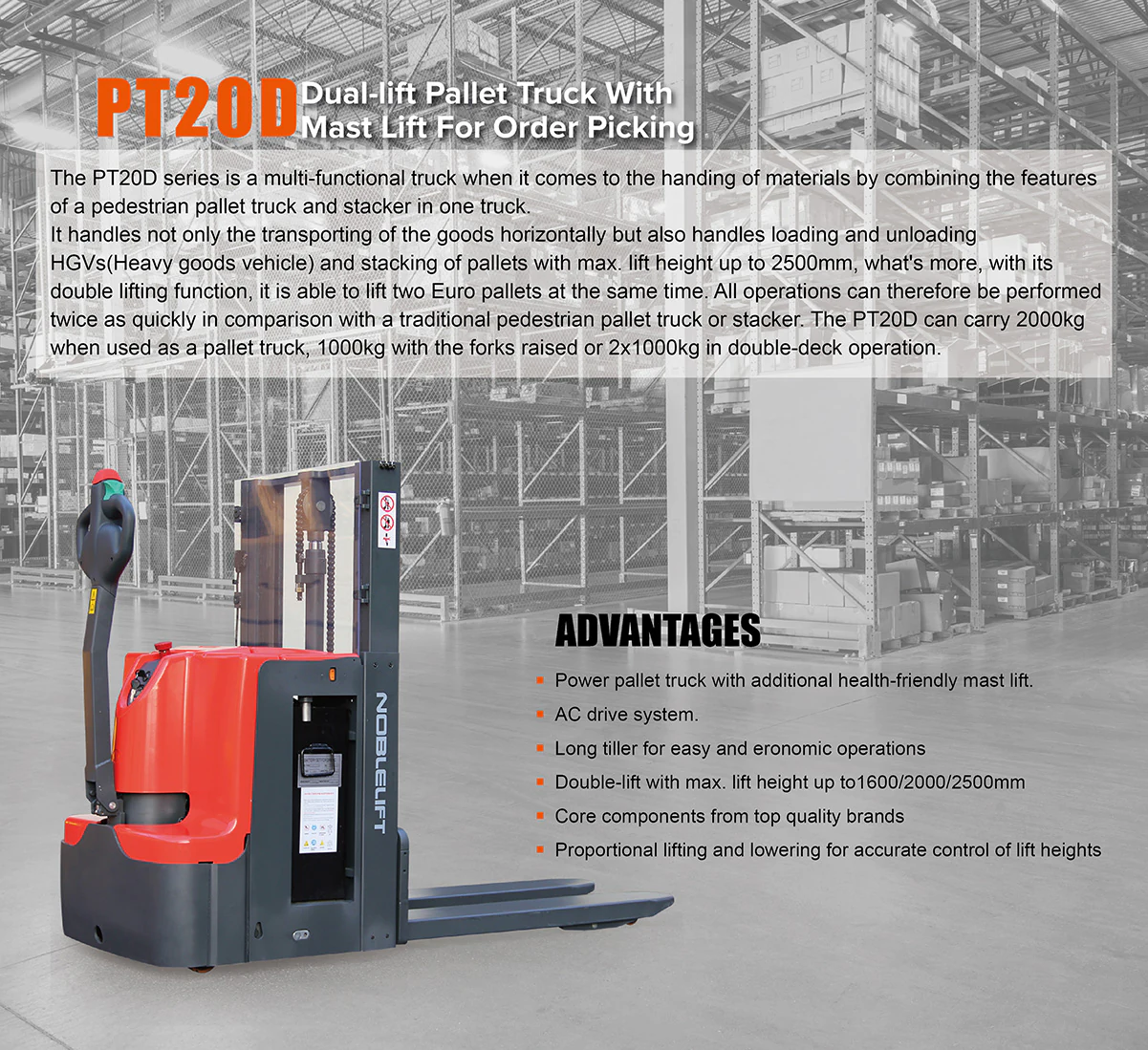 Official PT20D feature board: 2000 kg transport and 1000 kg raised-fork duties are distinct; confirm exact mast.