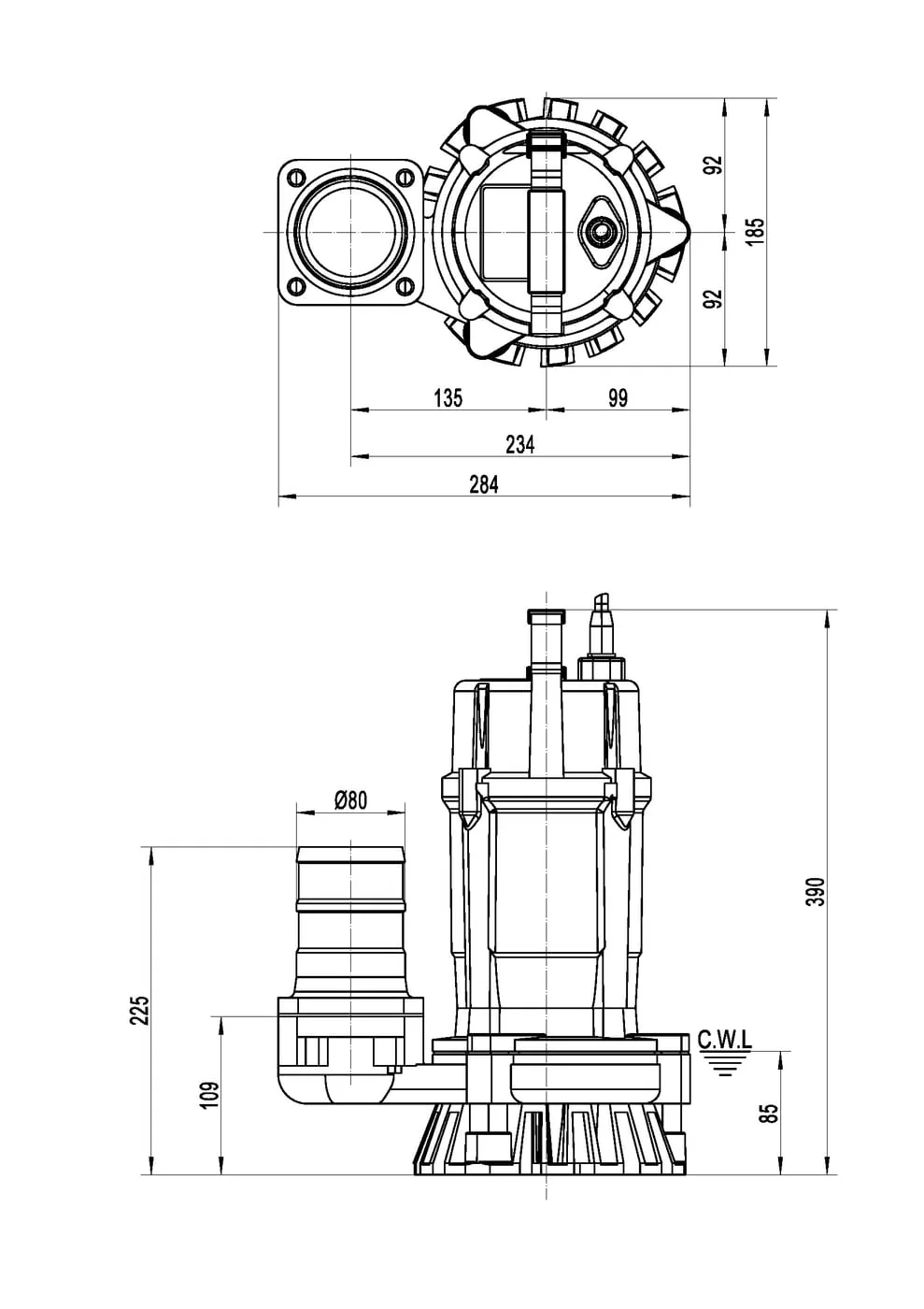 FSM3.75 manufacturer top and side outline drawing with 80 mm outlet