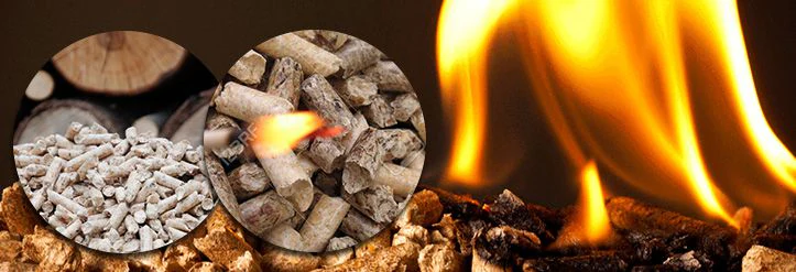 Manufacturer wood-fuel reference image illustrating wood material and pellets